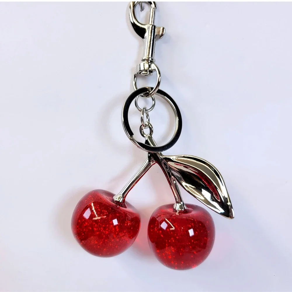 Bag Charm- Keychain Glitter Resin Double Cherry Red Women Rockabilly Kawaii Fun